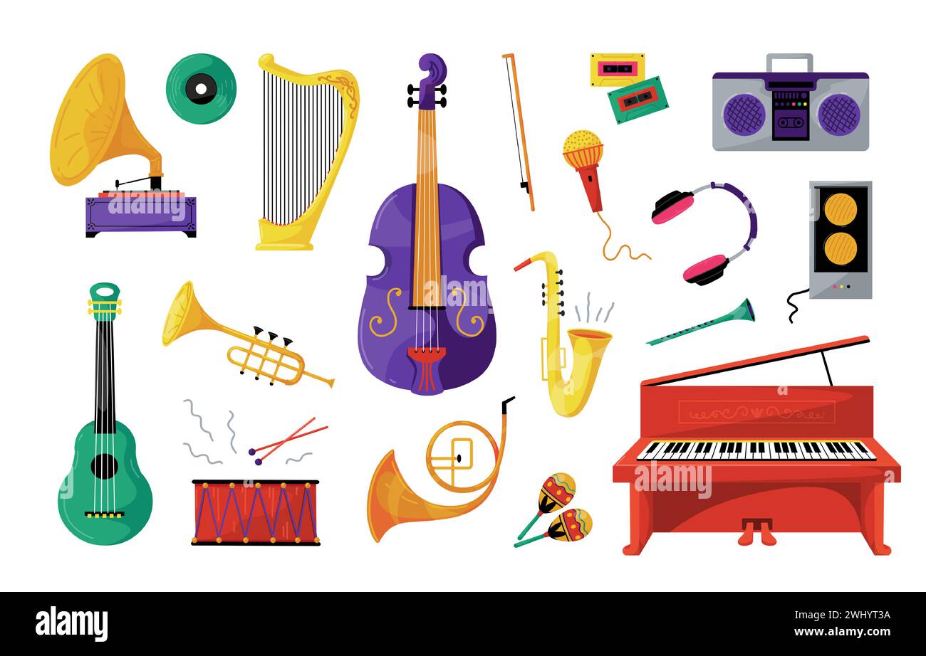 Platea. Strumenti musicali pianoforte, chitarra e archi per l'educazione dei bambini o hobby, tromba rock. Sassofono e batteria. Cuffie e microfono. Set di cartoni animati vettoriali isolati piatti Illustrazione Vettoriale Platea. Strumenti musicali pianoforte, chitarra e archi per l'educazione dei bambini o hobby, tromba rock. Sassofono e batteria. Cuffie e microfono. Set di cartoni animati vettoriali isolati piatti Illustrazione Vettoriale