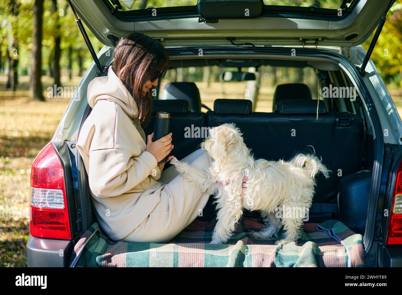 Giovane donna e simpatico cane che si rilassano godendosi momenti felici nella foresta seduto nel bagagliaio dell'auto Foto Stock