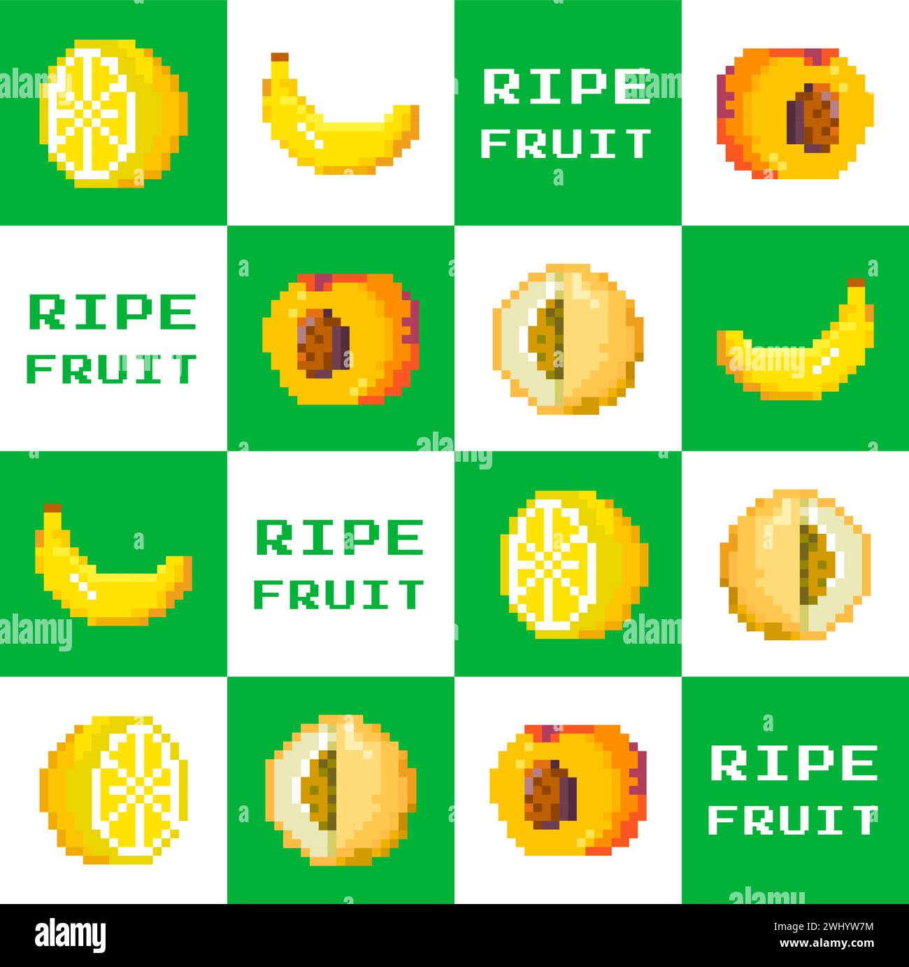 Frutta tropicale matura e dolce, banana e limone pixelati, melone e pesca. Pixel art di ingredienti sani e organici per dieta ed equilibrato mea Illustrazione Vettoriale