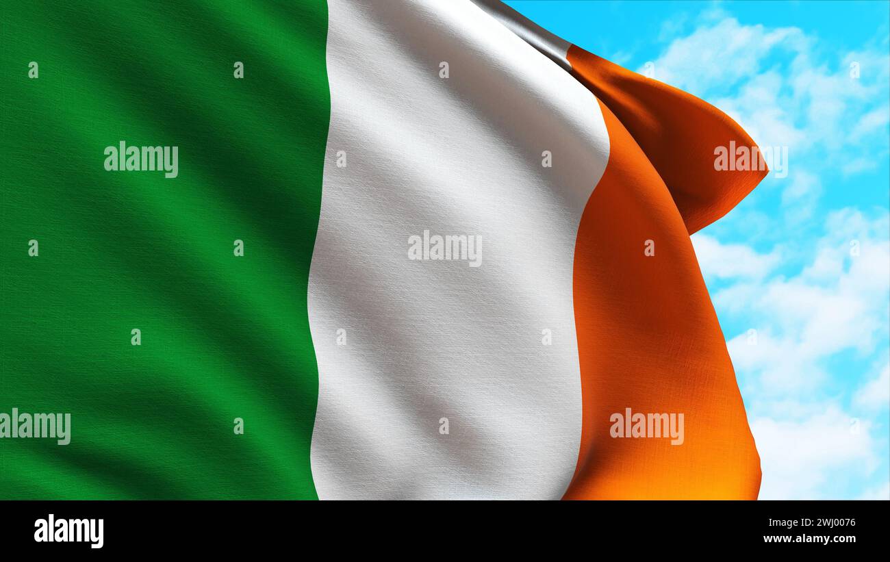 Primo piano della bandiera irlandese che sventola nel vento Foto Stock