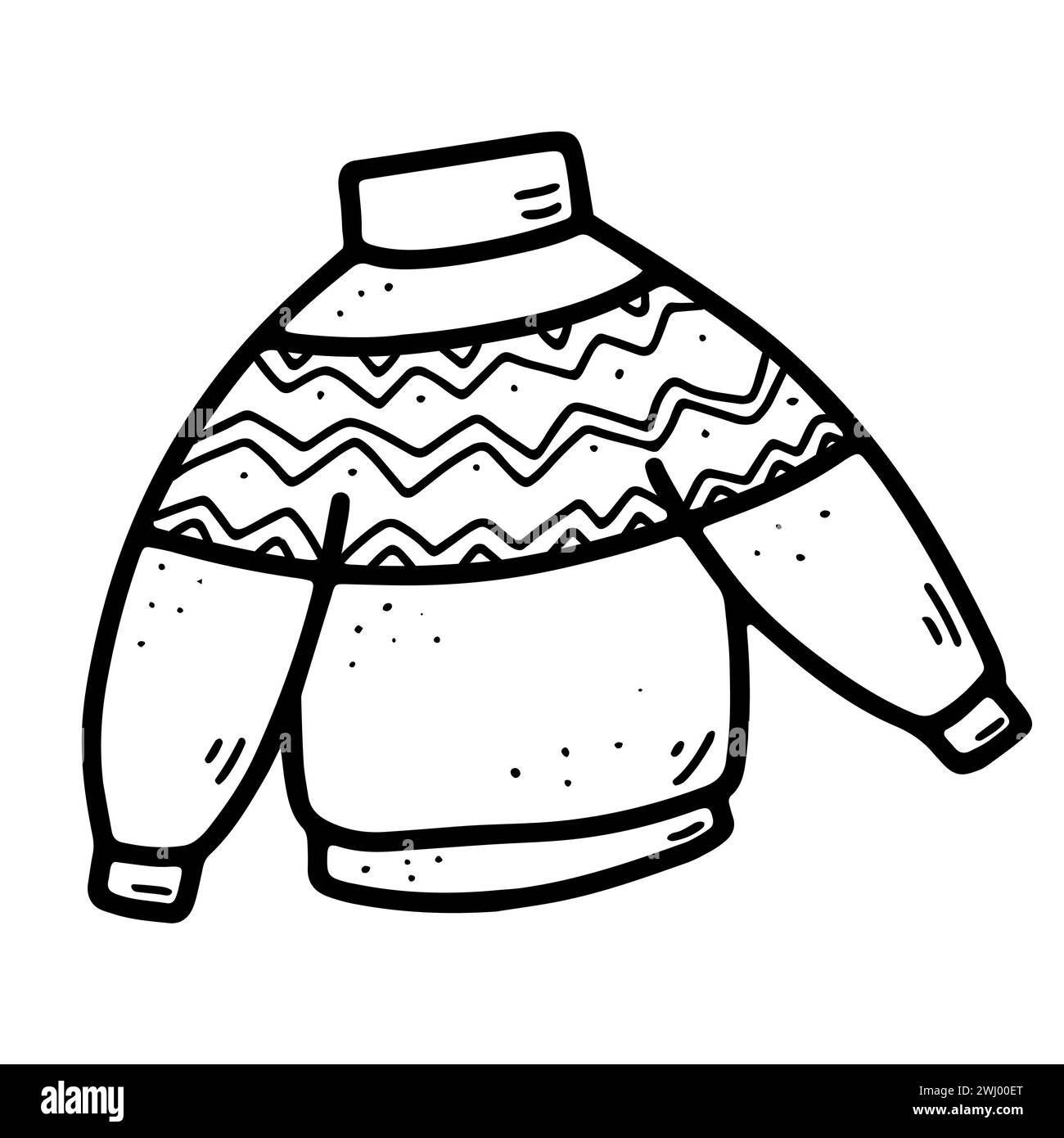 Maglia natalizia Doodle con ornamenti. Pullover di lana disegnato a mano isolato su sfondo bianco. Delineare felice anno nuovo, Merry Christm Illustrazione Vettoriale