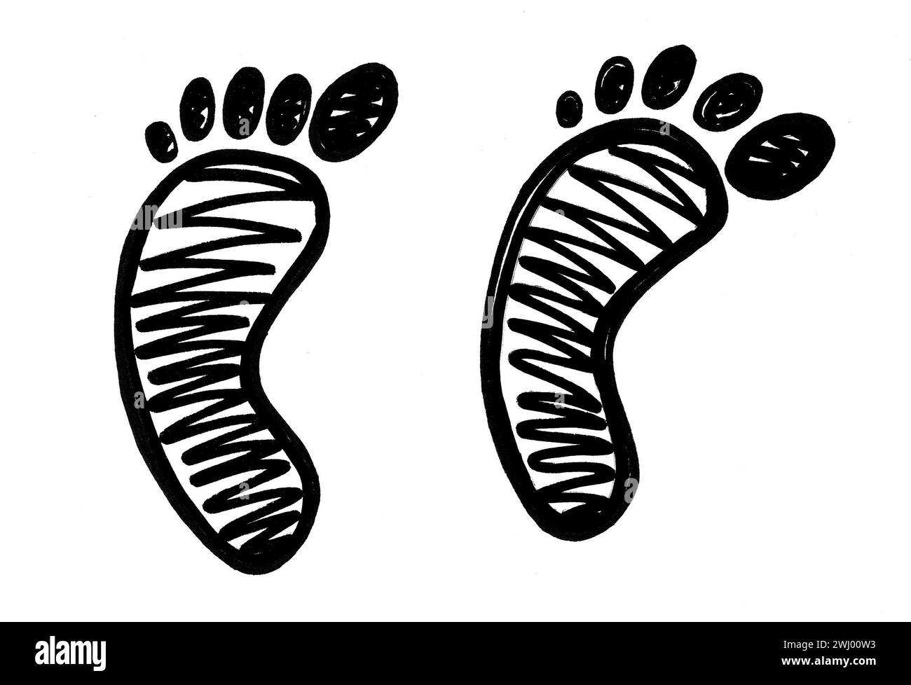 Serie di due impronte del piede sinistro. Scarabocchio con contorno nero. Isolato su sfondo bianco. Disegno decorativo. Contorno nero. All'interno, i disegni sono Foto Stock