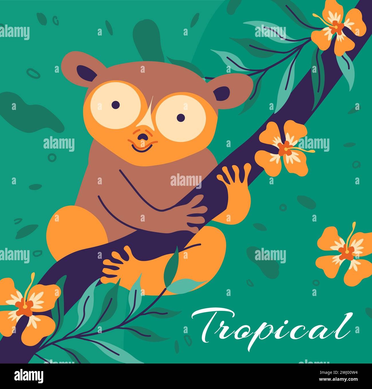 Tarsier tropicale, creatura arborea notturna asiatica Illustrazione Vettoriale