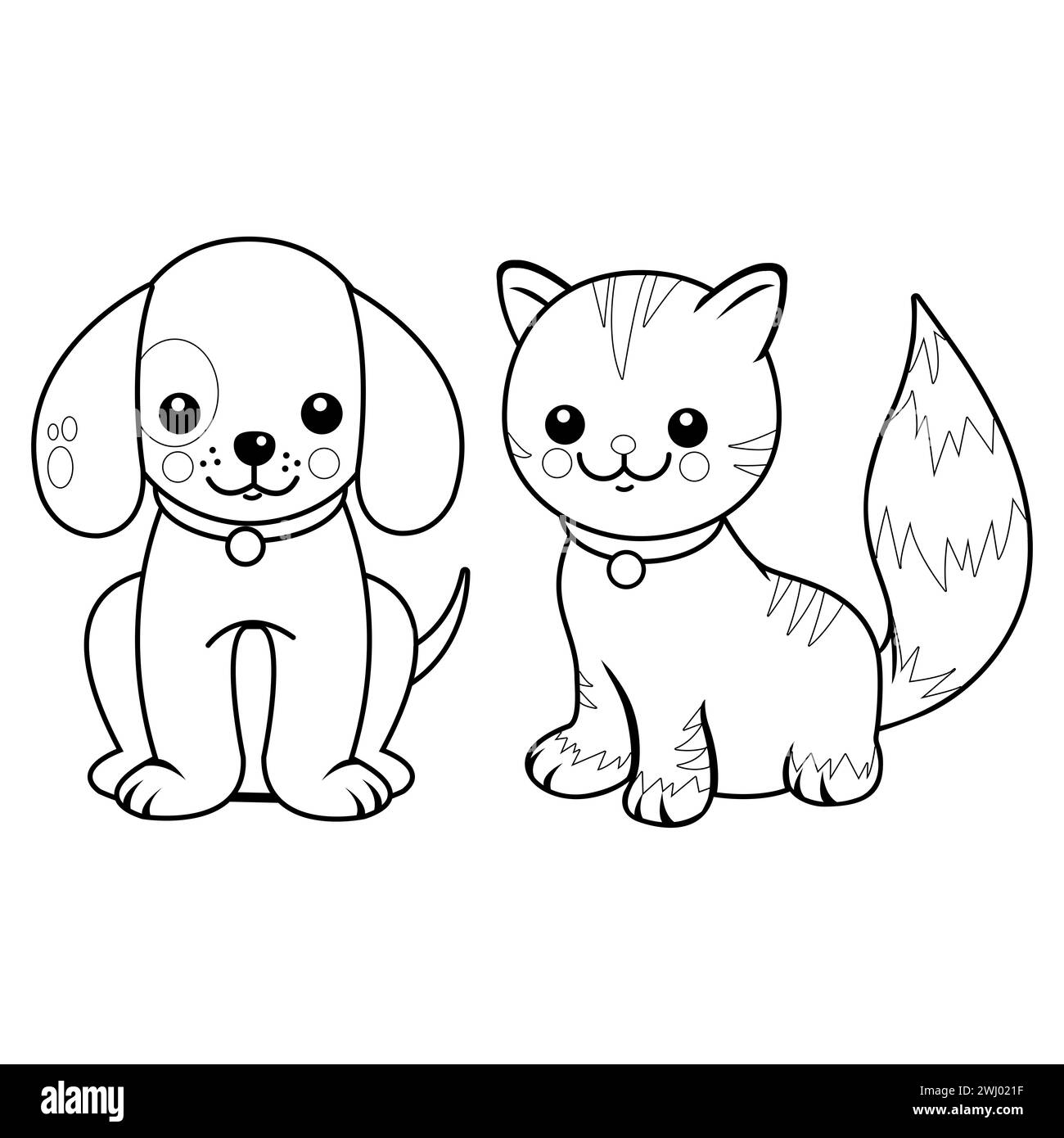 Gatto e cane. Personaggi di cartoni animati, un cane e un gatto. Illustrazione in bianco e nero. Pagina da colorare in bianco e nero Foto Stock