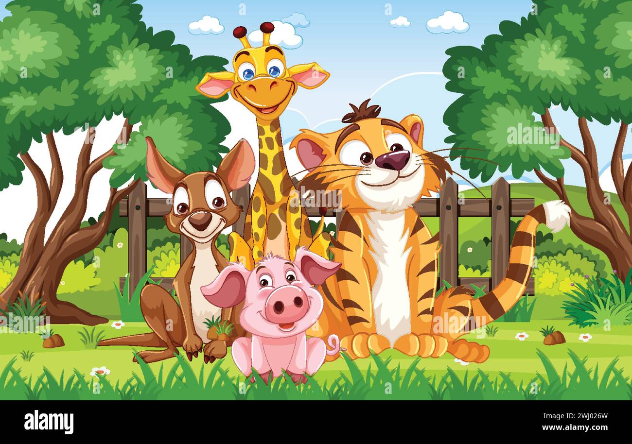 Animali cartoni animati che sorridono insieme in un parco verde Illustrazione Vettoriale