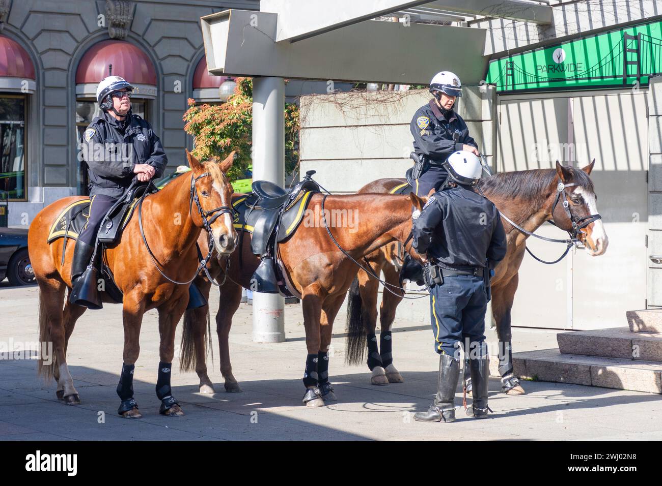 San Francisco Mounted Police in Street, Powell Street, Union Square, San Francisco, California, Stati Uniti Foto Stock