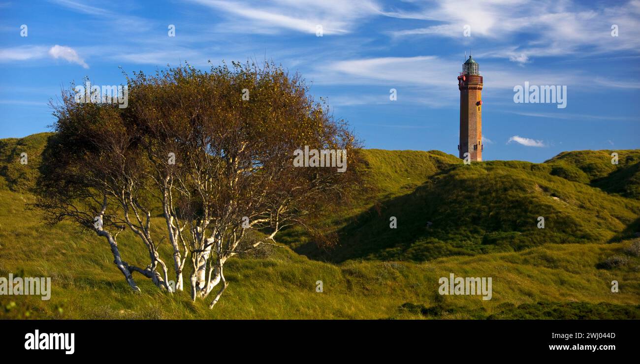 Grande faro di Norderney nel paesaggio delle dune, Isola di Norderney, bassa Sassonia, Germania, Europa Foto Stock