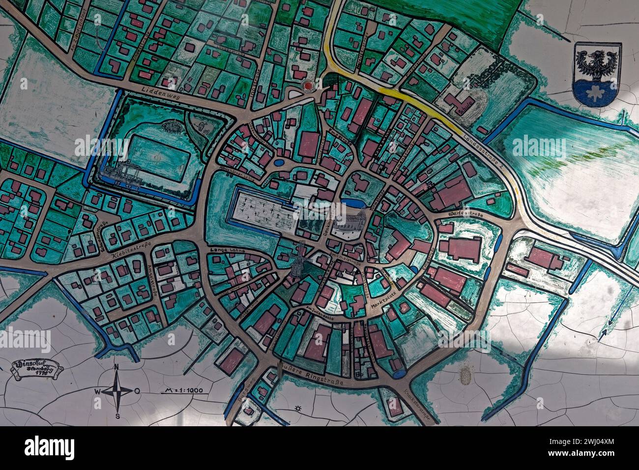 Mappa disegnata a mano di Rysum, Rundwarftendorf, Frisia orientale, bassa Sassonia, Germania, Europa Foto Stock