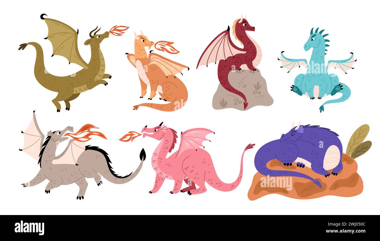 Draghi da favola. Animali magici che sputano fuoco. Creature alate mitologiche sulle pietre. Fantasia rettili volanti con ali. Lucertole mitiche. Gamba Illustrazione Vettoriale