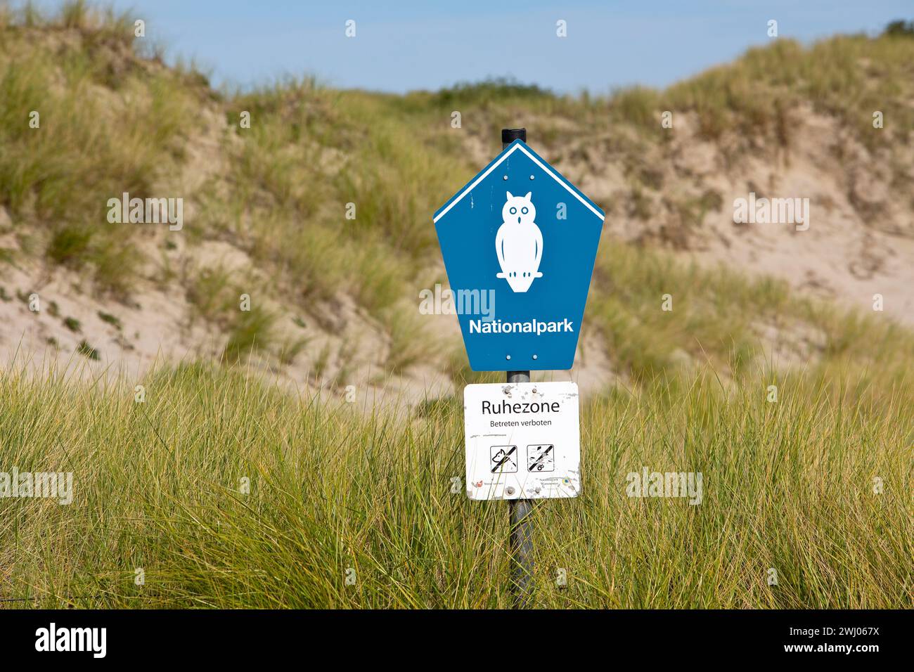 Cartello Parco Nazionale, zona tranquilla, riserva naturale, Norderney, Frisia Orientale, bassa Sassonia, Germania Europa Foto Stock
