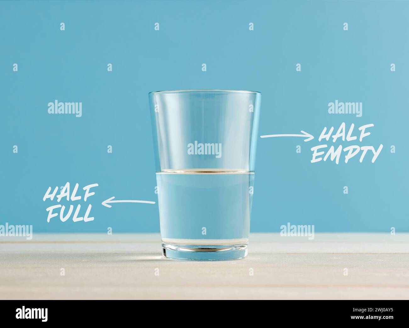 Concetto di ottimismo e pessimismo. Bicchiere d'acqua con le parole mezzo pieno e mezzo vuoto. Atteggiamenti positivi o negativi. Foto Stock