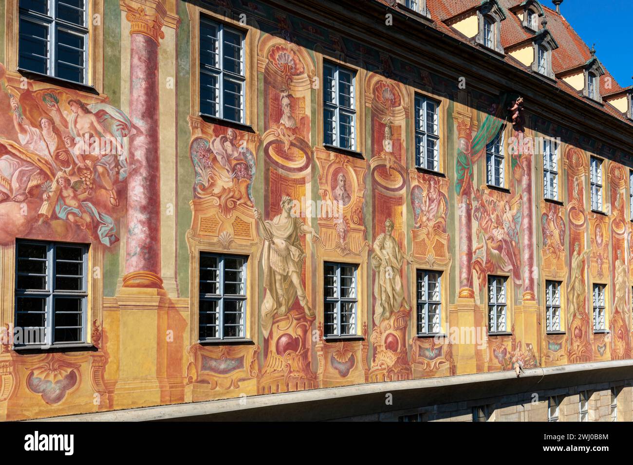 Old Town Hall Bamberg, faÃ§ade painting with figurative elements, East Side, Germania Foto Stock