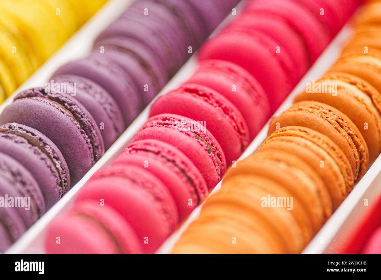 Vari macaron colorati o macaron francesi in fila, dolci a base di meringa preparati con albume d'uovo, zucchero a velo, zucchero granulato. Alti quali Foto Stock