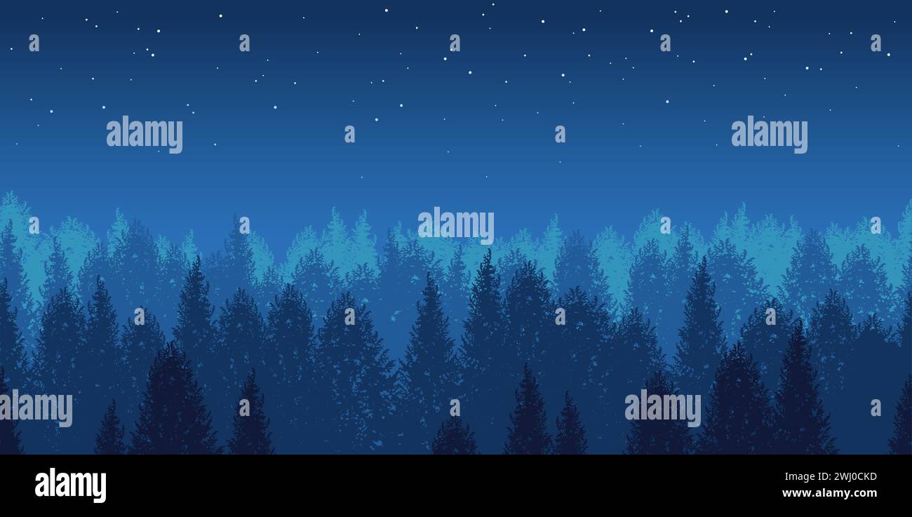 Illustrazione di sfondo Vector Seamless Night Forest con The Starry Sky. Ripetibile orizzontalmente. Illustrazione Vettoriale