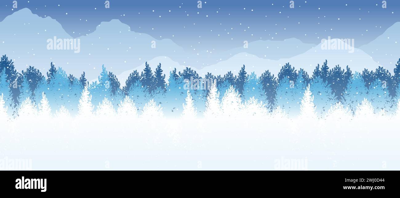 Illustrazione di sfondo Vector Seamless Winter Forest con montagne innevate sullo sfondo. Ripetibile orizzontalmente. Illustrazione Vettoriale
