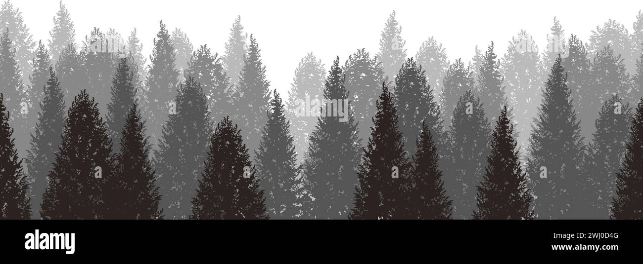 Illustrazione di sfondo boschivo monocromatico senza giunzioni vettoriali. Ripetibile orizzontalmente. Illustrazione Vettoriale