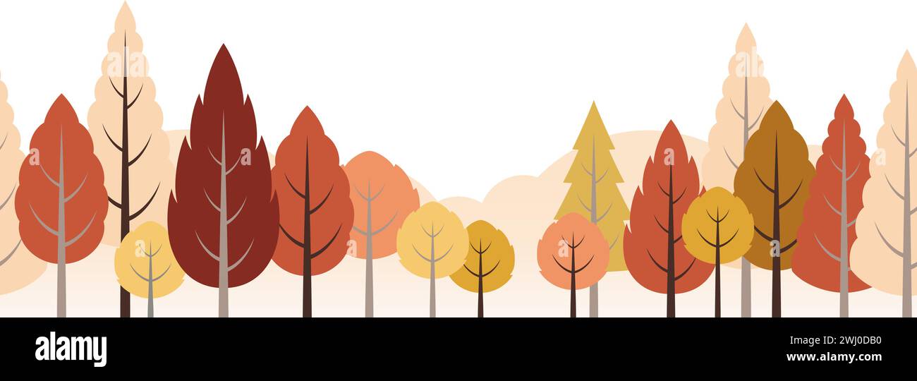 Seamless Forest with Mountains in Autumn Colors Vector Flat Illustration isolato su sfondo bianco. Ripetibile orizzontalmente. Illustrazione Vettoriale