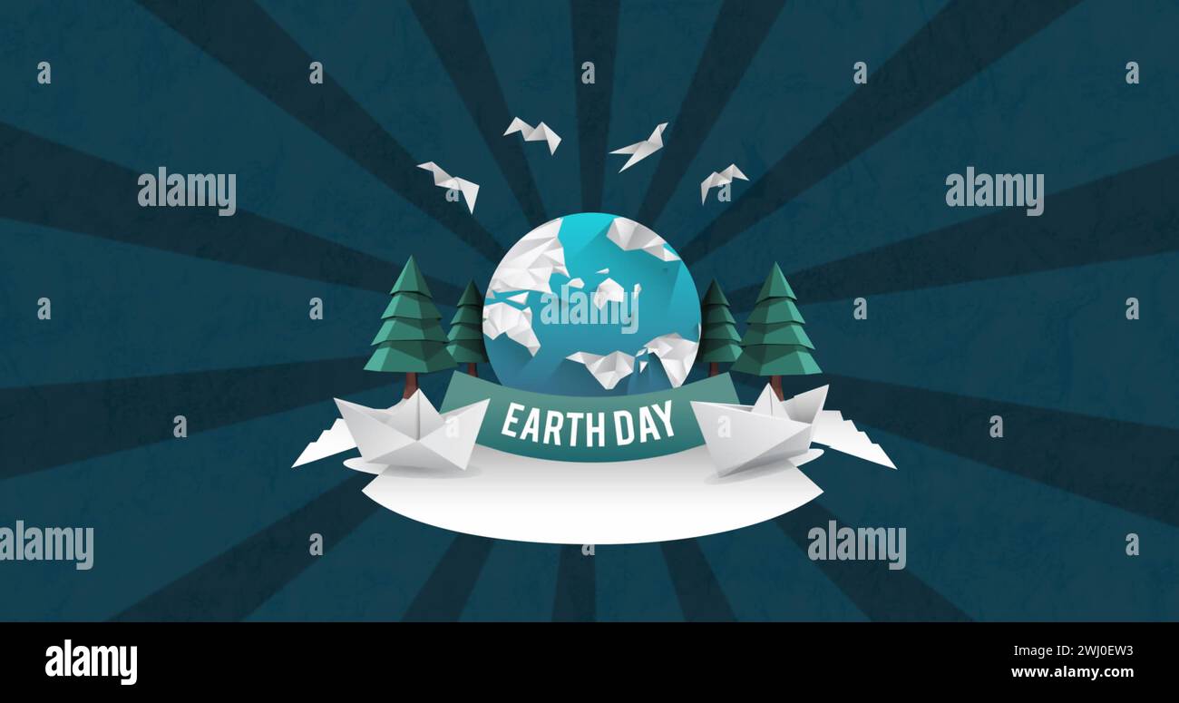 Immagine del giorno della terra e del globo con alberi su sfondo blu scuro Foto Stock