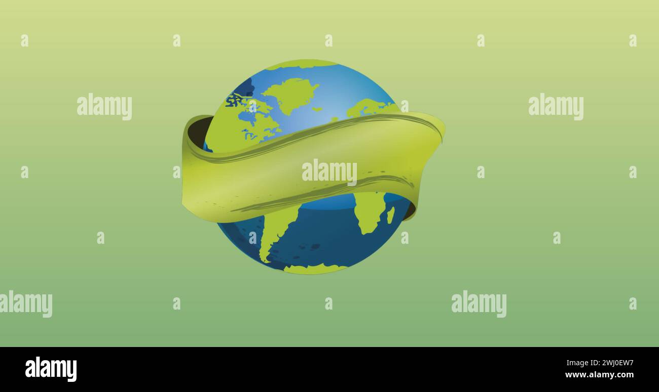Animatoin of Globe con nastro verde su sfondo verde Foto Stock