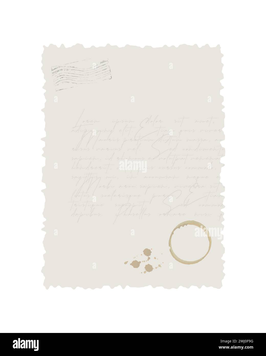 Carta bianca vintage con macchia di caffè e traccia del vecchio testo Lorem Ipsum e francobollo. Elemento di scrapbooking digitale. Illustrazione vettoriale Illustrazione Vettoriale