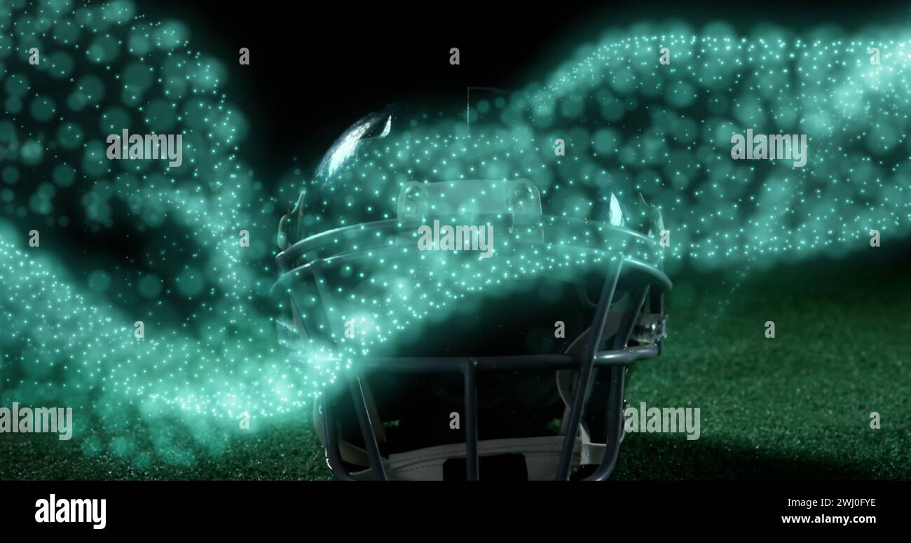 Immagine di una rete luminosa di molecole che si muovono sul casco da calcio americano Foto Stock