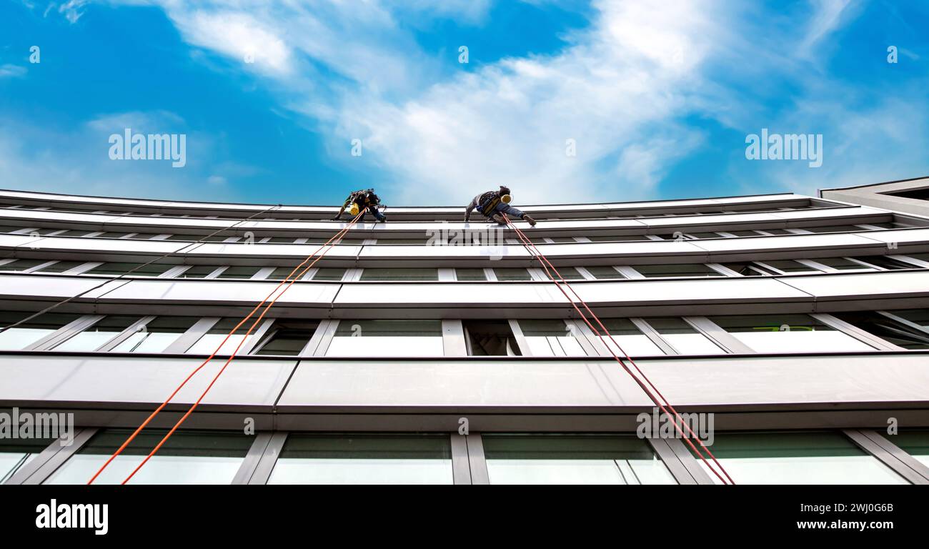 Gli scalatori industriali lavano le finestre di un edificio curvo. Detergenti per vetri per la pulizia dei vetri Foto Stock