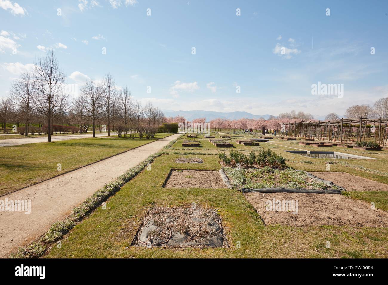 VENARIA REALE, ITALIA - 29 MARZO 2023: Orto con aiuole nel parco del castello della Reggia di Venaria alla luce del sole Foto Stock