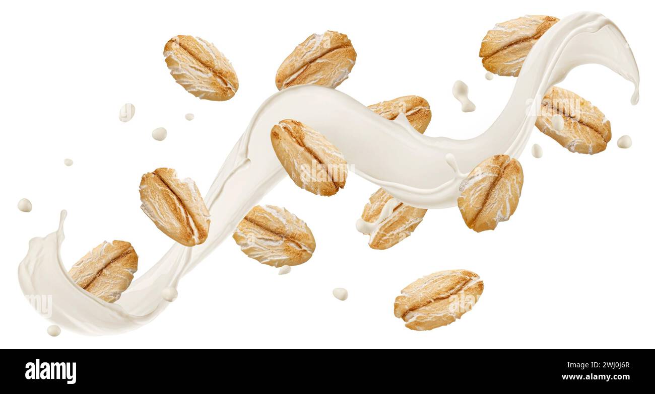 Caduta di fiocchi d'avena con spruzzi di latte isolati su sfondo bianco Foto Stock