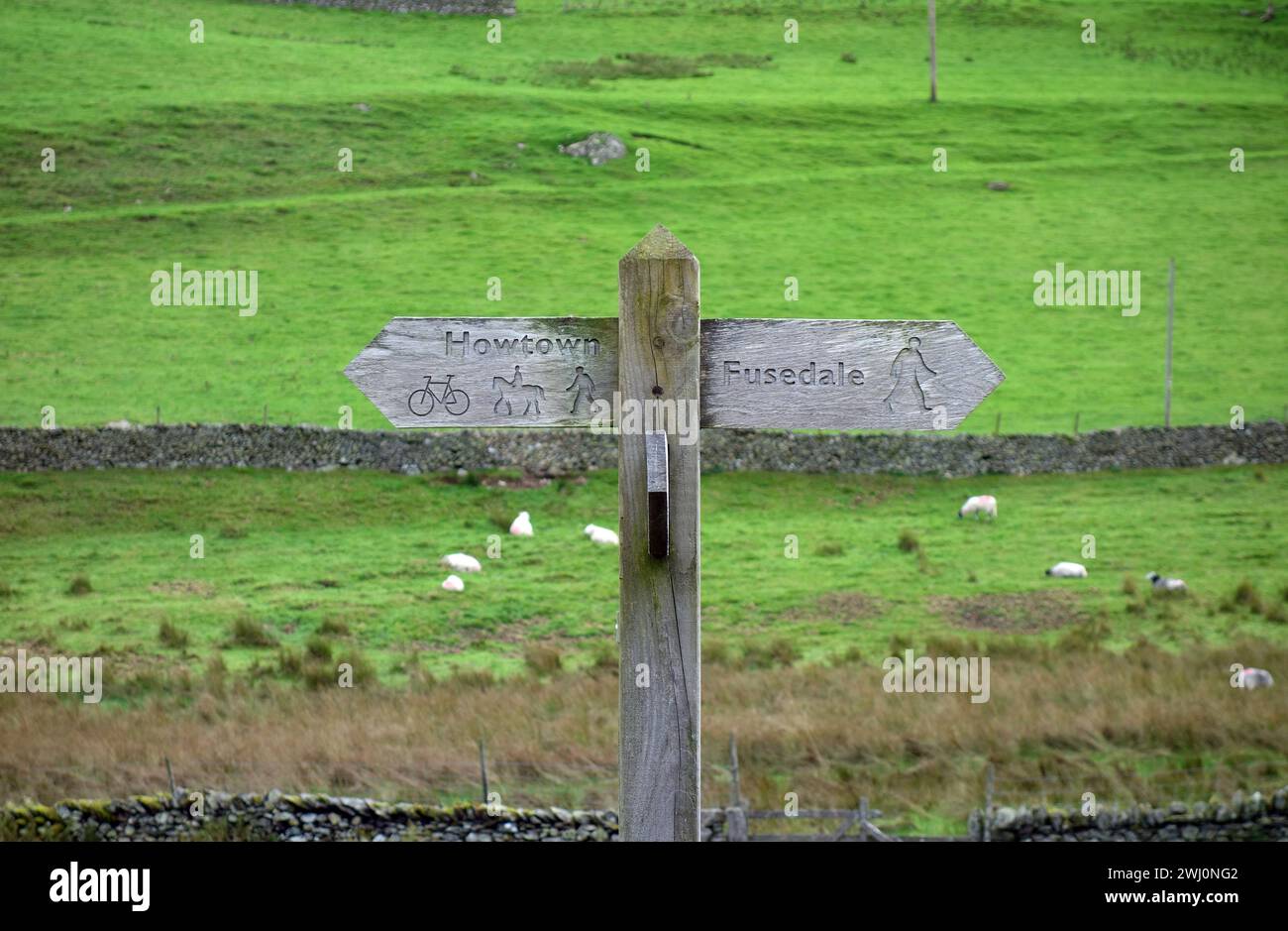 Cartello in legno per Howtown & Fusedale vicino a Martindale, Ullswater, Lake District National Park, Cumbria, Inghilterra, Regno Unito. Foto Stock