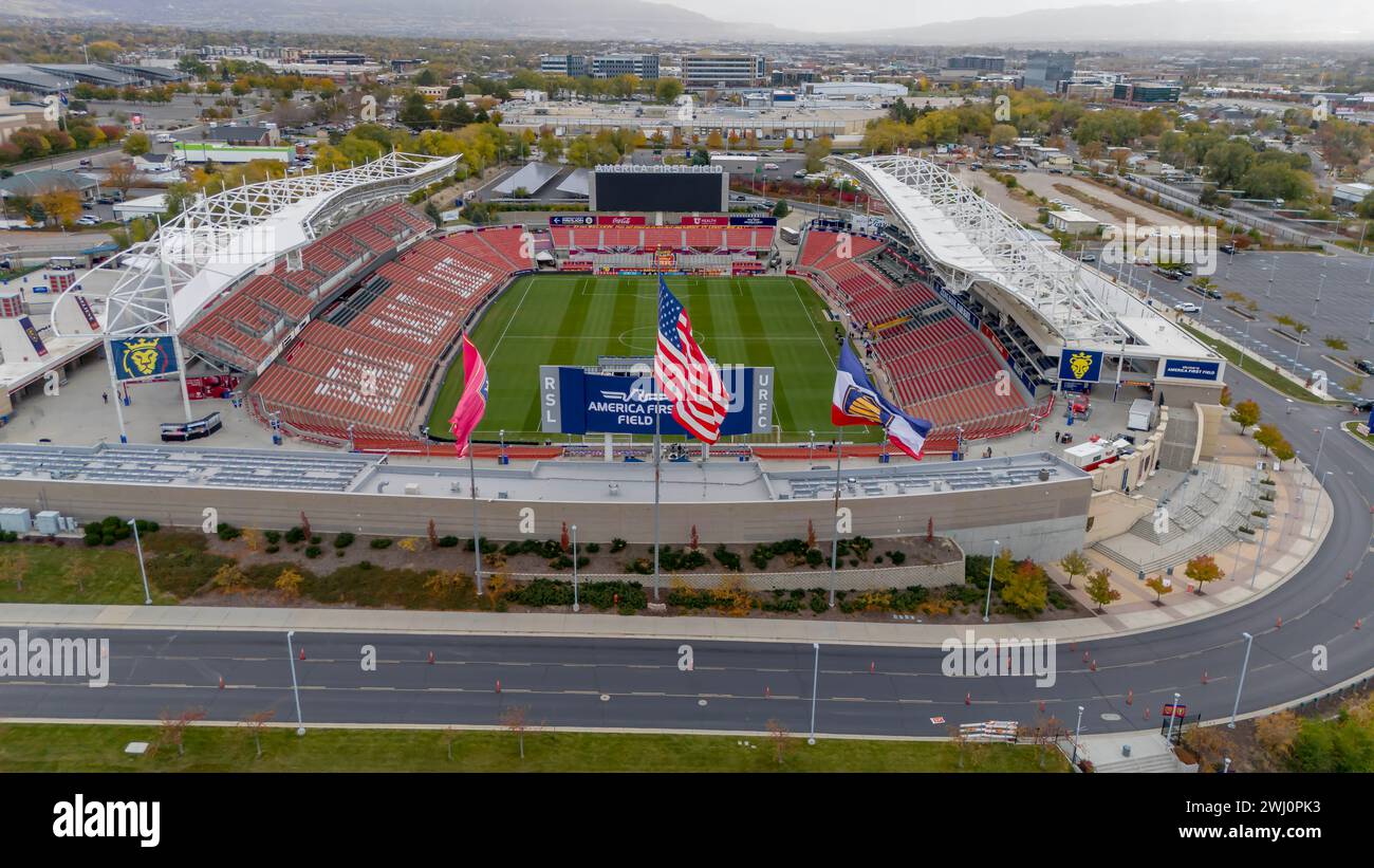 Vista aerea dell'America First Field, sede del Major Leauge Soccer Club, Real Salt Lake Foto Stock