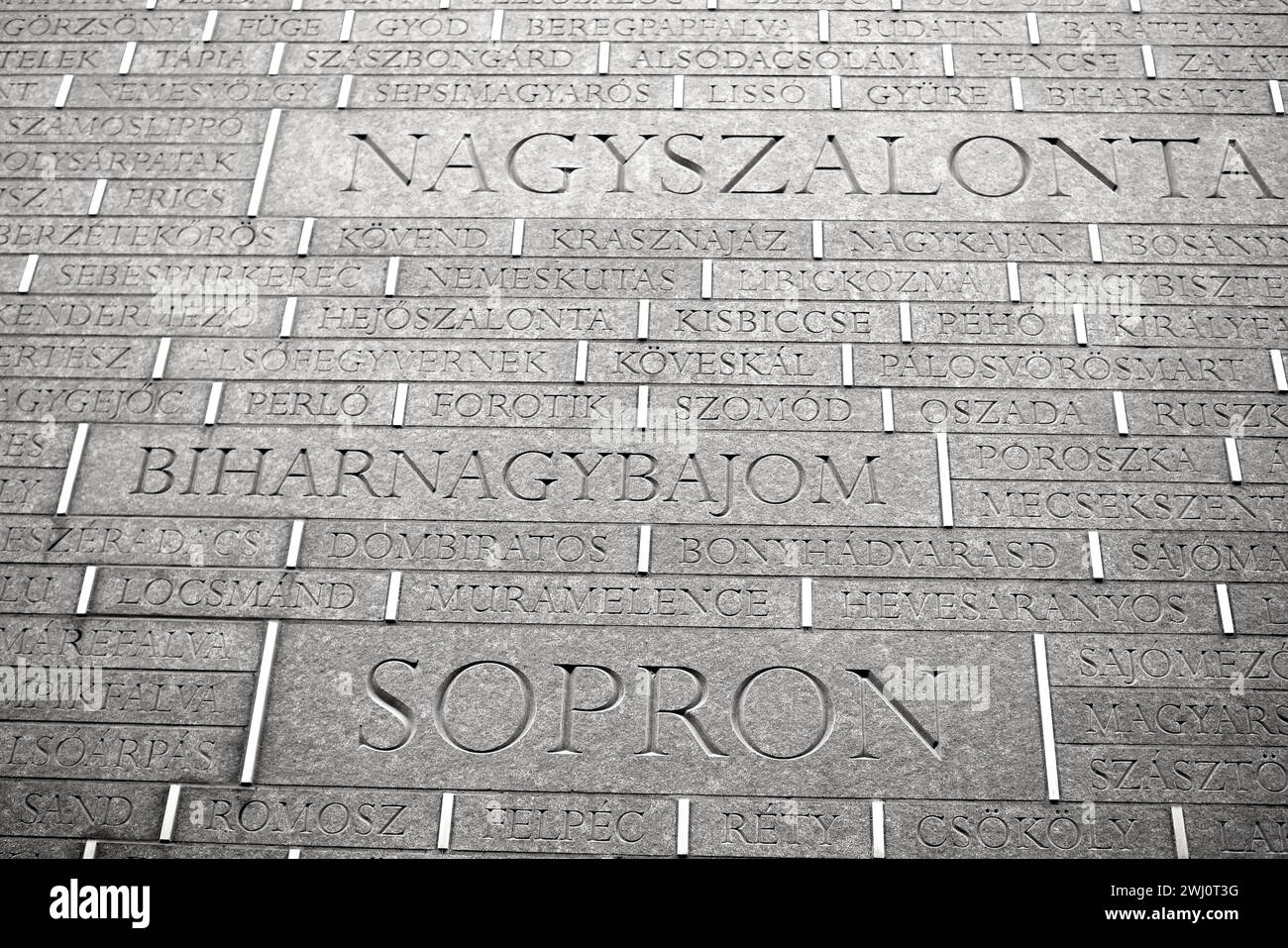 Nomi di luoghi ungheresi all'interno del Memoriale dell'unità Nazionale, che commemorano il Trattato di Trianon, Alkotmany utca, Alkotmany Street, Budapest, Ungheria Foto Stock