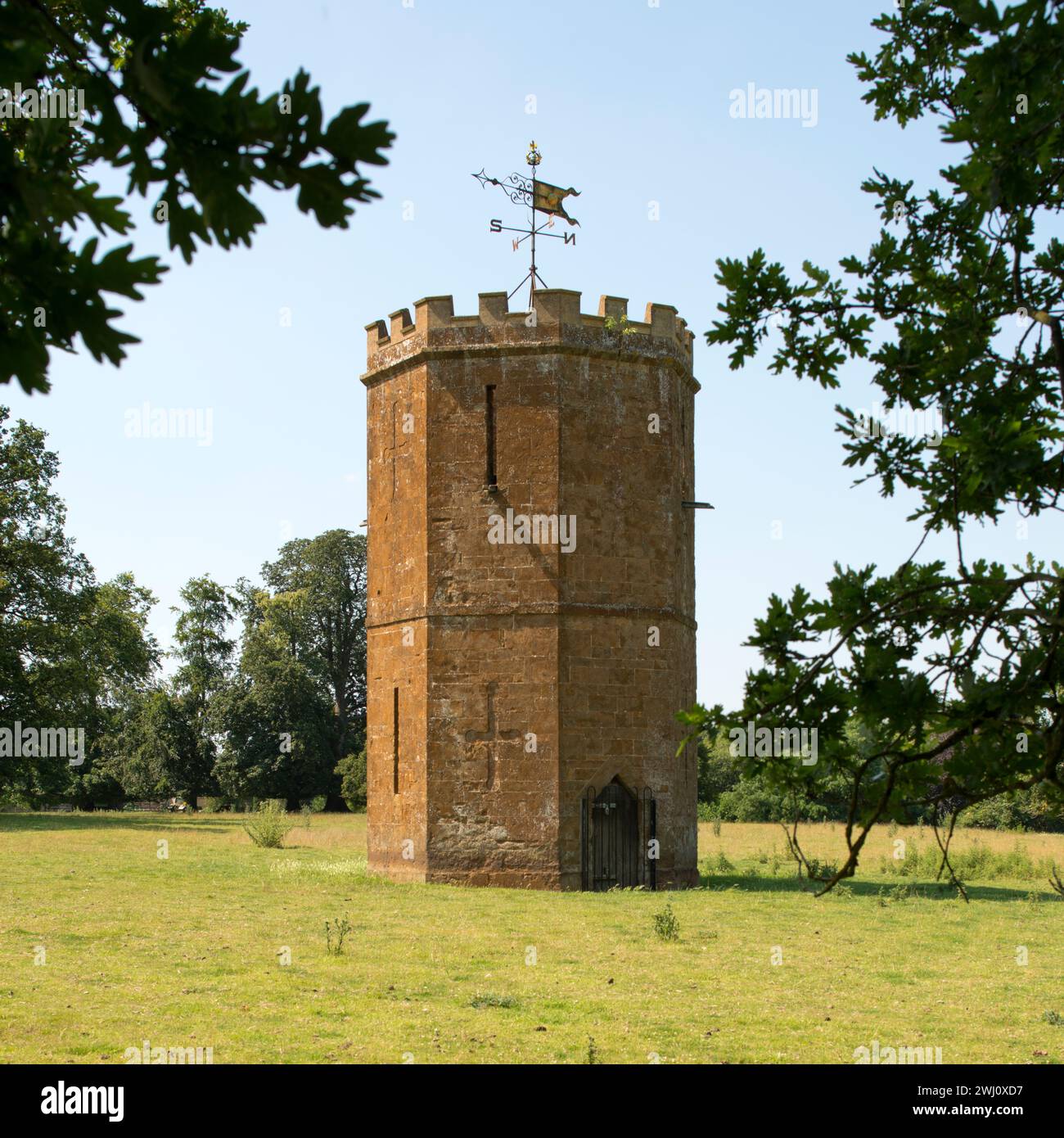 Colombe. Wroxton Abbey, Oxfordshire, costruita nel 1744, una torre revival gotica con merlature e decorazioni a fessura di frecce. Foto Stock