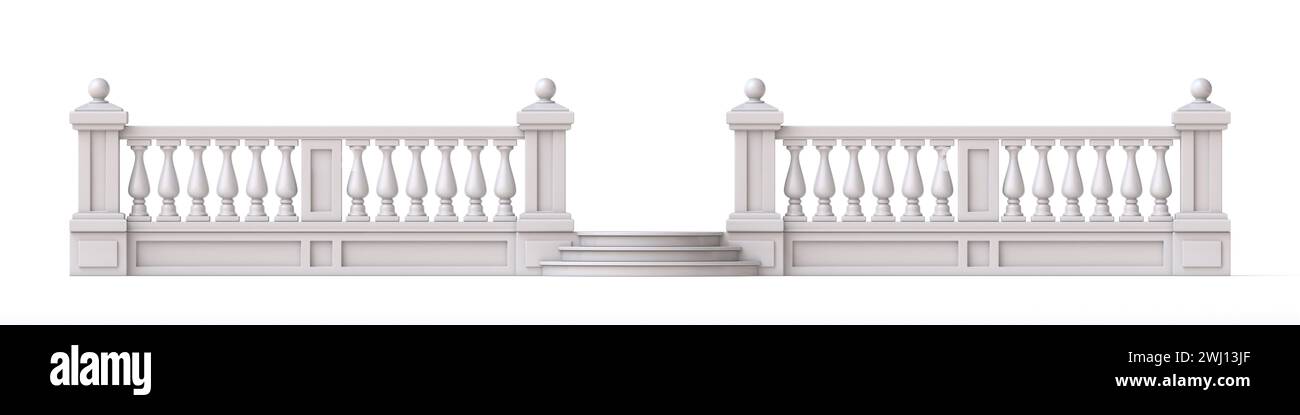 Recinzione in pietra bianca con cancello e scale 3D. Foto Stock