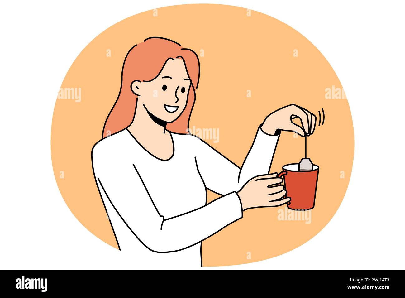 Donna sorridente fare il tè in tazza. Ragazza felice preparare bevanda calda con sacchetto. Bevanda calda per il relax. Illustrazione vettoriale. Illustrazione Vettoriale