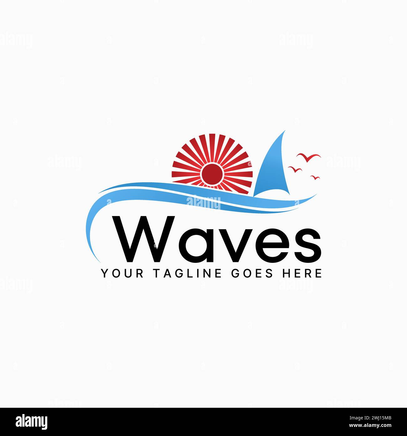 Design del logo concept grafico creativo premium astratto stock insegna nave a vela uccelli onde e tramonto sulla spiaggia. Barca a vela correlata o isola oceanica Illustrazione Vettoriale
