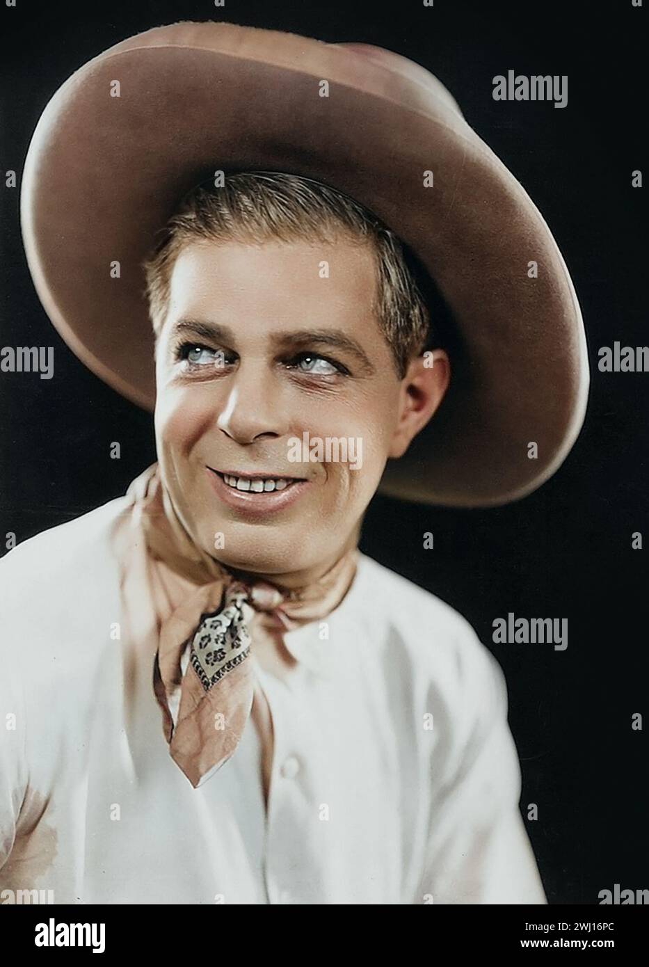 WESTERN star Hoot Gibson di Jack Freulich (Universal, anni 1920). Foto ritratto - abito da cowboy - colorato Foto Stock