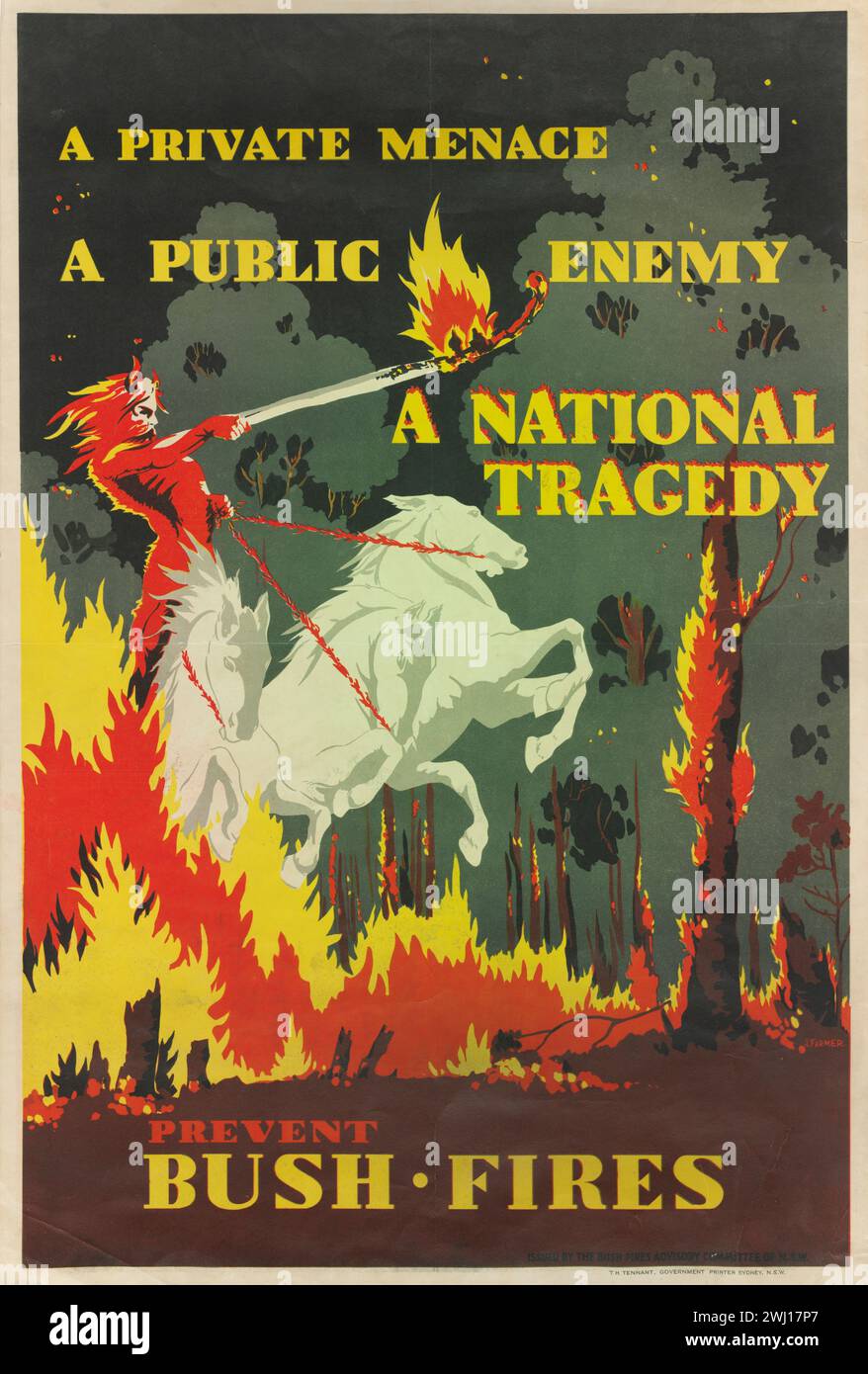 Poster australiano d'annata "Prevent Bush Fire", che mostra un Dio del fuoco che cavalca cavalli attraverso una foresta in fiamme come nemico pubblico. Dal comitato consultivo Bush Fire del NSW intorno agli anni '1940 Foto Stock