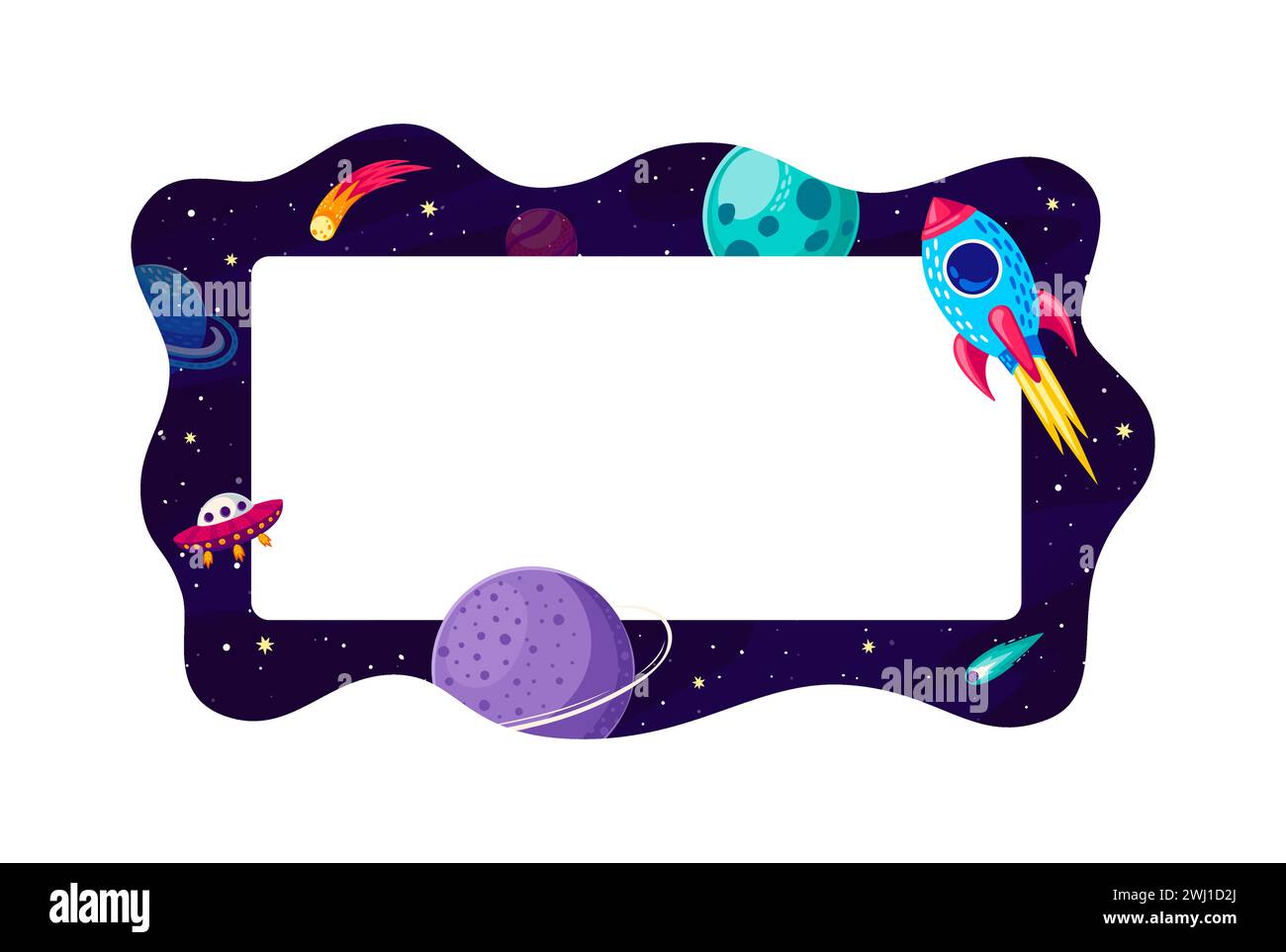 I bambini della galassia dei cartoni animati incorniciano o confinano con razzi, pianeti, comete e stelle nel paesaggio dell'Universo. Modello vettoriale a tema celeste mostra viaggi cosmici e meraviglie cosmiche ipnotiche Illustrazione Vettoriale