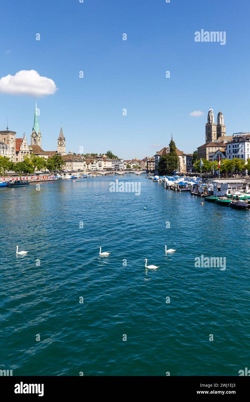 Skyline di Zurigo città sul fiume Limmat ritratto in Svizzera Foto Stock