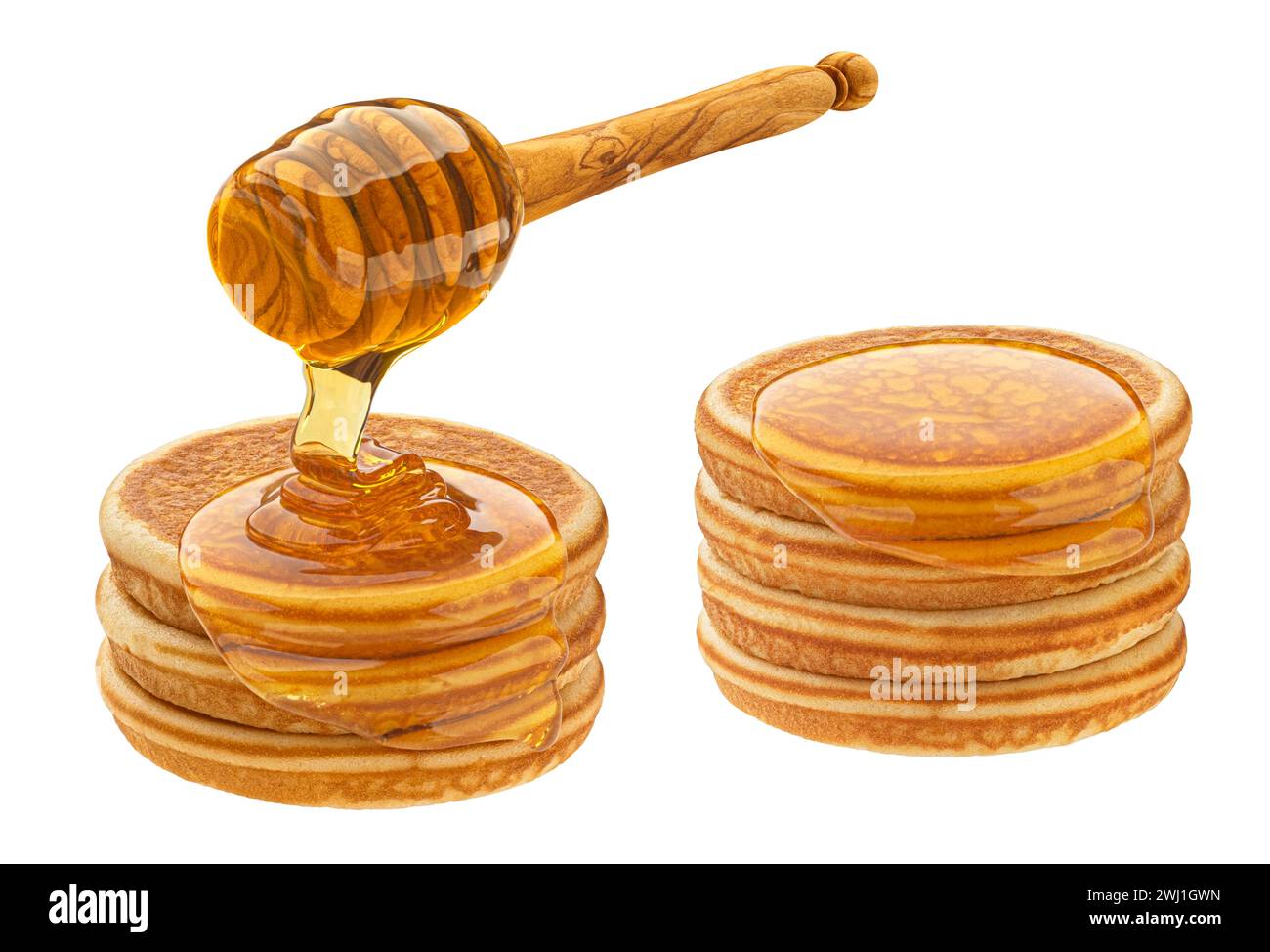 Pila di pancake con miele che gocciola isolato su sfondo bianco Foto Stock