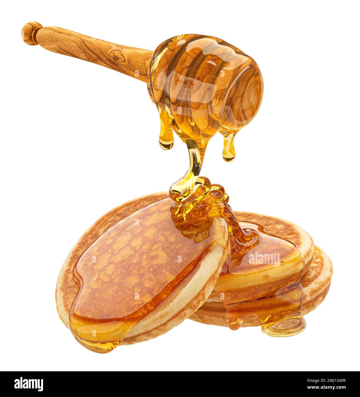 Pila di pancake con miele che gocciola isolato su sfondo bianco Foto Stock