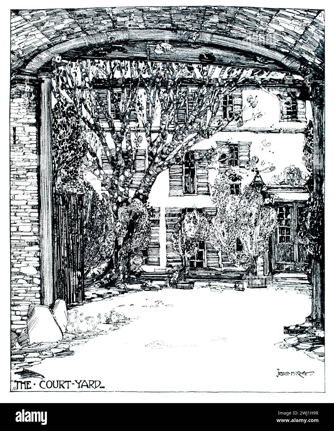 Il cortile, Avignone, illustrazione in linea, di Jessie Marion King Foto Stock