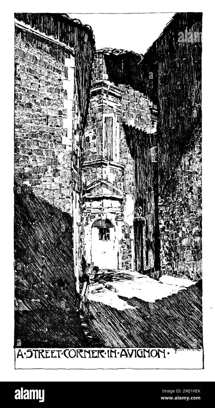 Street Corner ad Avignone, illustrazione in linea, di Jessie Marion King Foto Stock