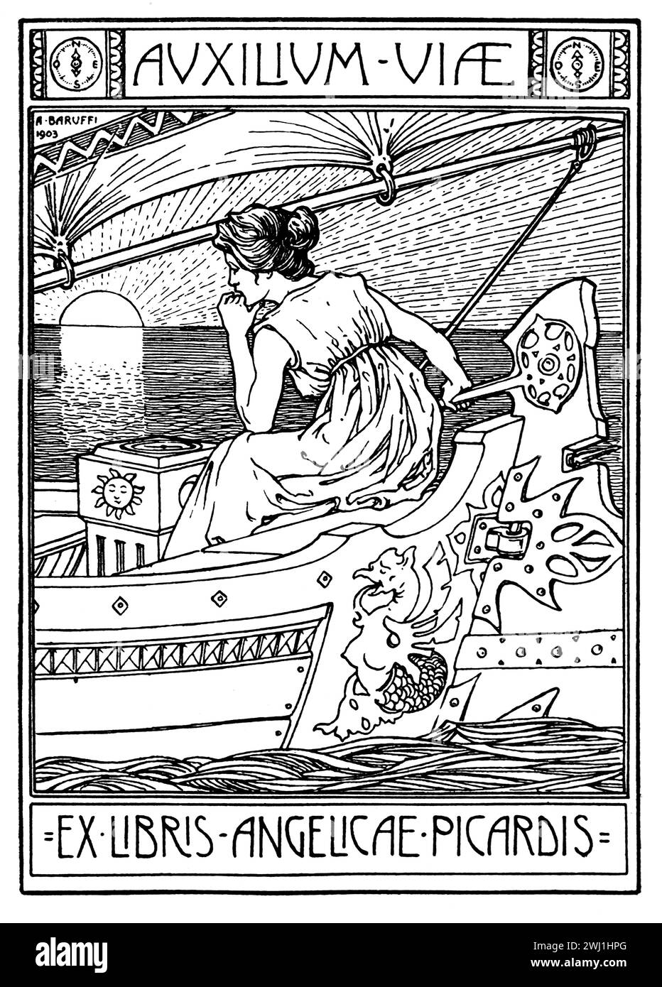 1903 libro plate auxilium viae, help is on the way, illustrazione per Angelicae, Picardis di Bolognese, grafico, Alfredo Baruffi Foto Stock