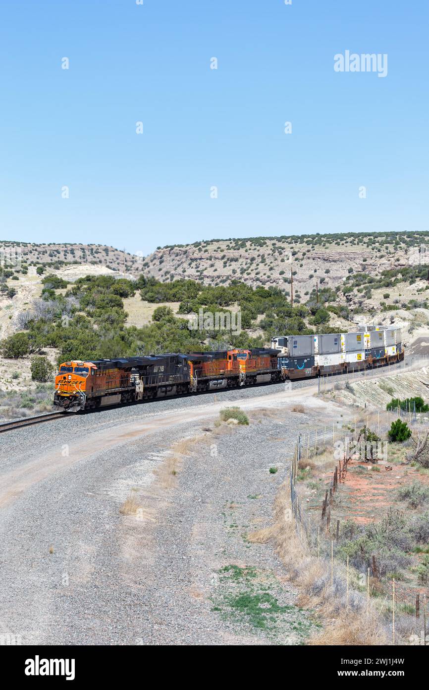 Treno merci della BNSF Railway con ferrovia Containers presso Abo Pass nel New Mexico, USA Foto Stock