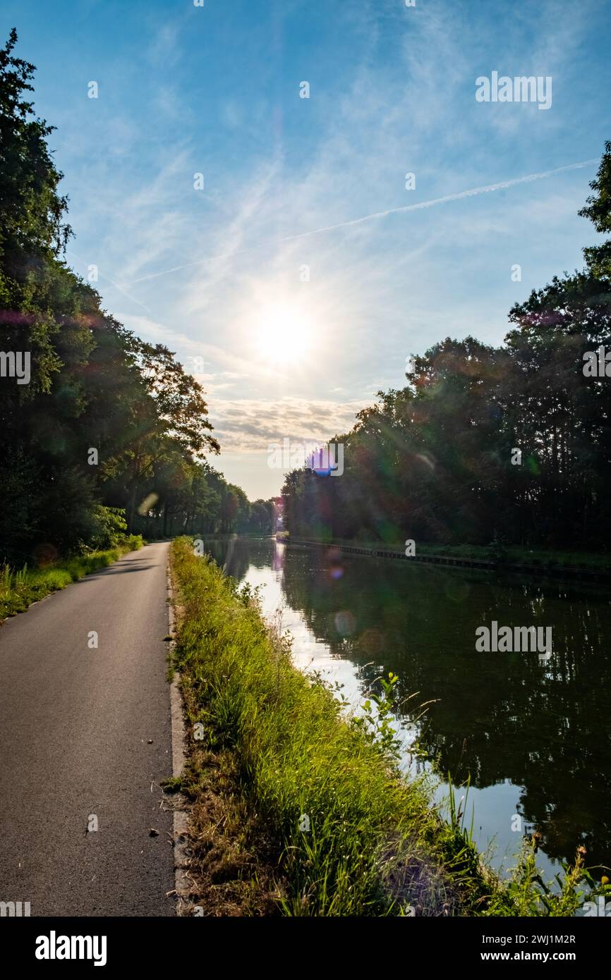 Questa vivace immagine presenta un sentiero che corre lungo un canale calmo, bagnato dalla luce del sole di una mattina presto. Il sole pende basso nel cielo, emettendo una luce soffusa ma brillante che si riflette sulla superficie dell'acqua e filtra attraverso la vegetazione lussureggiante degli alberi. Il sentiero invita a una piacevole passeggiata o a un giro in bicicletta, con la promessa di un viaggio tranquillo lungo il corso d'acqua. Il gioco di luci e ombre, insieme al riflesso dell'obiettivo, aggiunge una qualità dinamica alla scena tranquilla. Soleggiato percorso del canale fiancheggiato da alberi verdeggianti. Foto di alta qualità Foto Stock