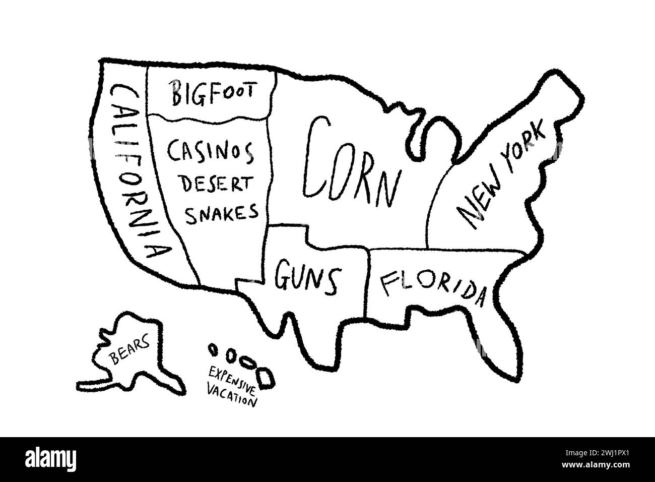 Mappa meme dell'America. Divertente mappa degli Stati Uniti secondo gli europei. Illustrazione Vettoriale