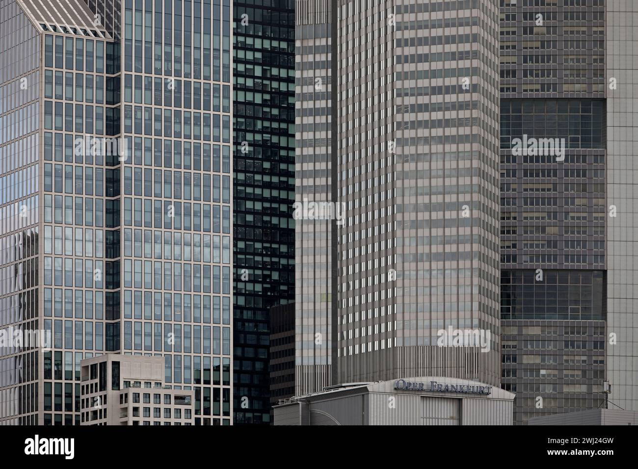 Alti edifici, castelli di cemento grigio con l'opera, Francoforte sul meno, Germania, Europa Foto Stock