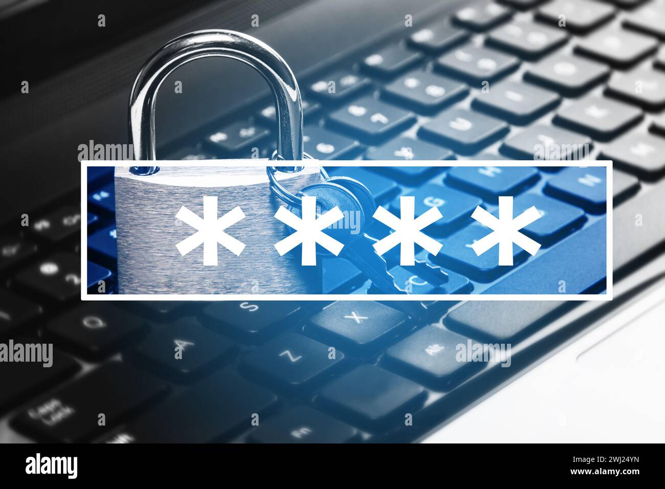 Lucchetto e computer portatile con campo password. Concetti di privacy delle informazioni e sicurezza informatica Foto Stock