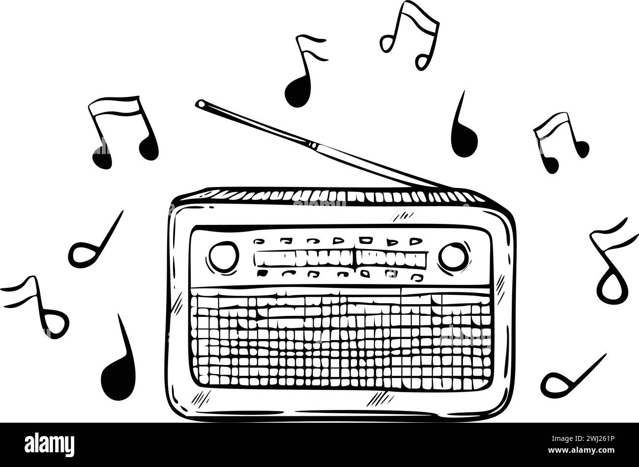 Radio con illustrazione vettoriale delle note. Schizzo lineare disegnato a mano del sintonizzatore FM dipinto con inchiostri neri. Disegno di vecchie apparecchiature multimediali retrò in stile contorno. Incisione del ricevitore audio per la trasmissione. Illustrazione Vettoriale